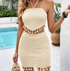 Summer Boho Tassel Trim Tie Backless Halter Top & Bodycon Skirt Two Piece Set